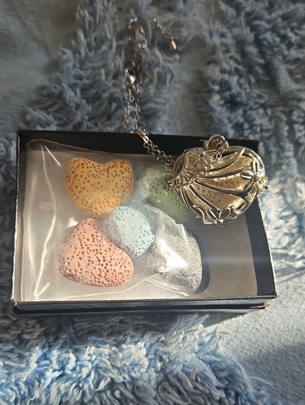 Silver Heart Locket Aroma Therapy Necklace with Pastel Lava Heart Stones